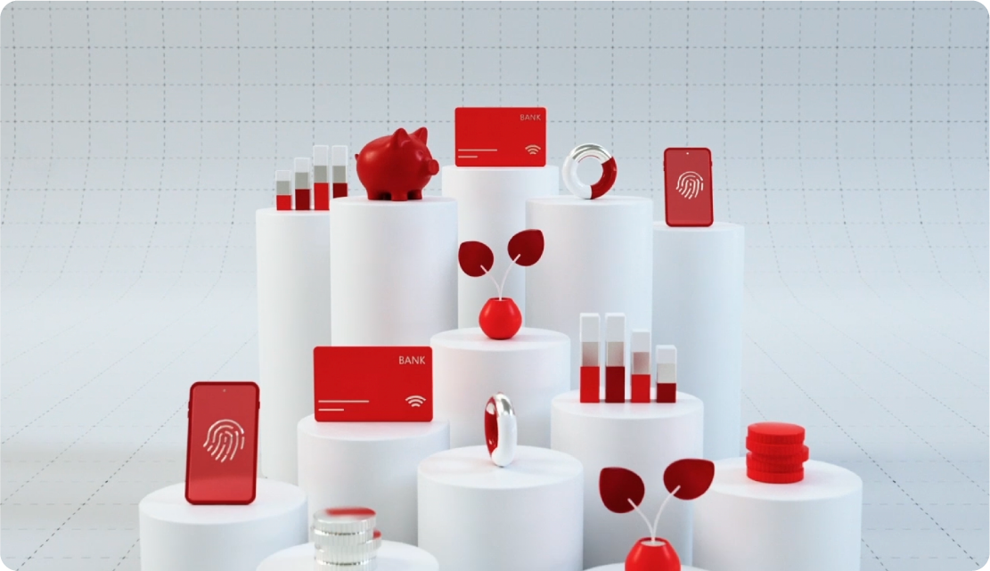 Still of an animated scene that uses various 3D objects on pillars in a 3D space