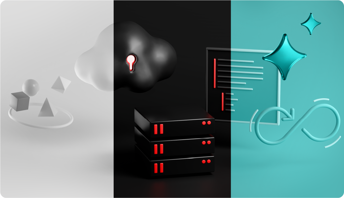 Lighting 3d objects on white, black and teal backgrounds.