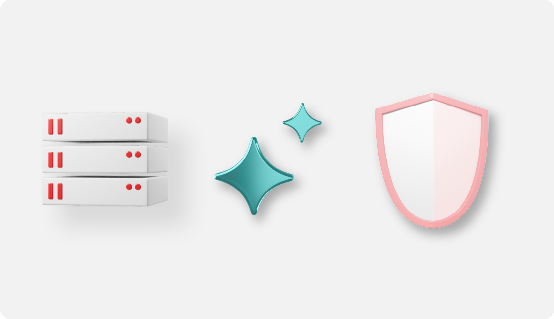 3d simple objects of a server stack, sparkle and shield