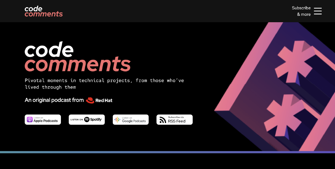 The Code Comments website featuring an endorsement that reads “An original podcast from Red Hat.”