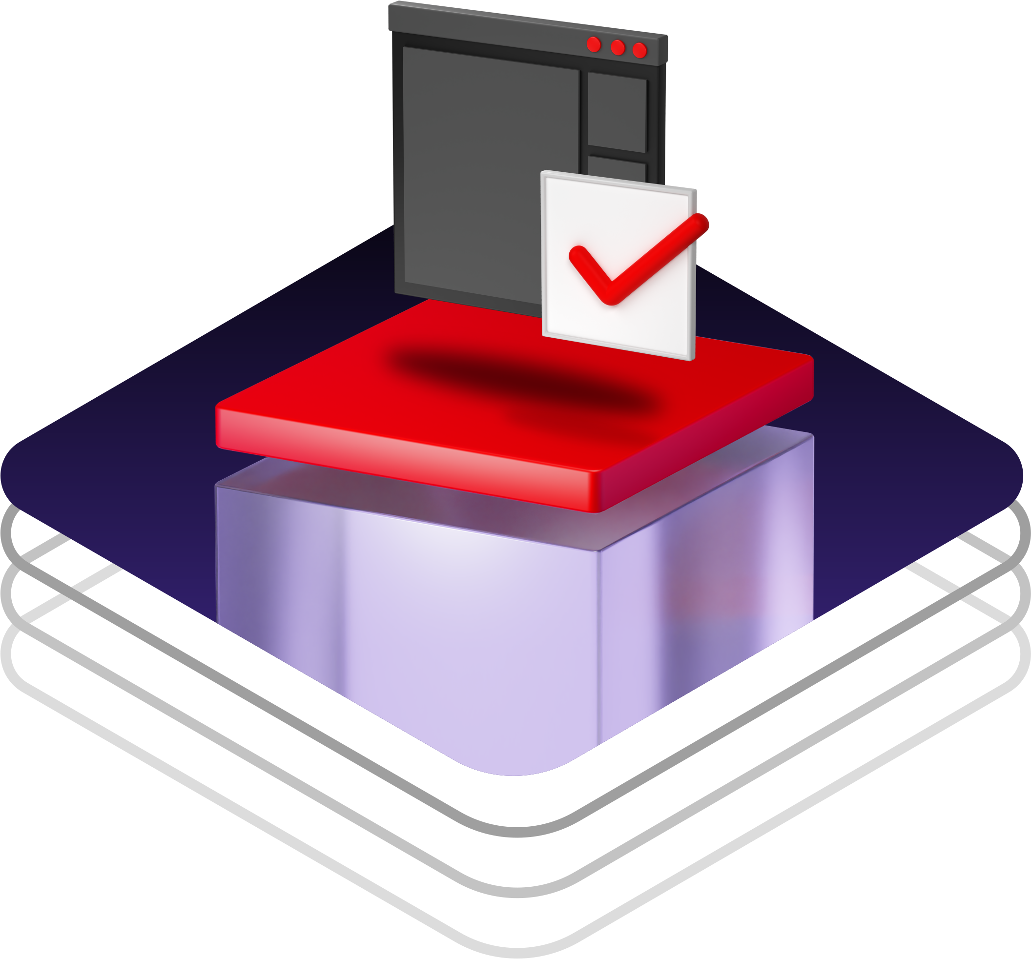3D illustration showing dark application window and a red checkmark icon floating above a red platform on a translucent purple pedestal.
