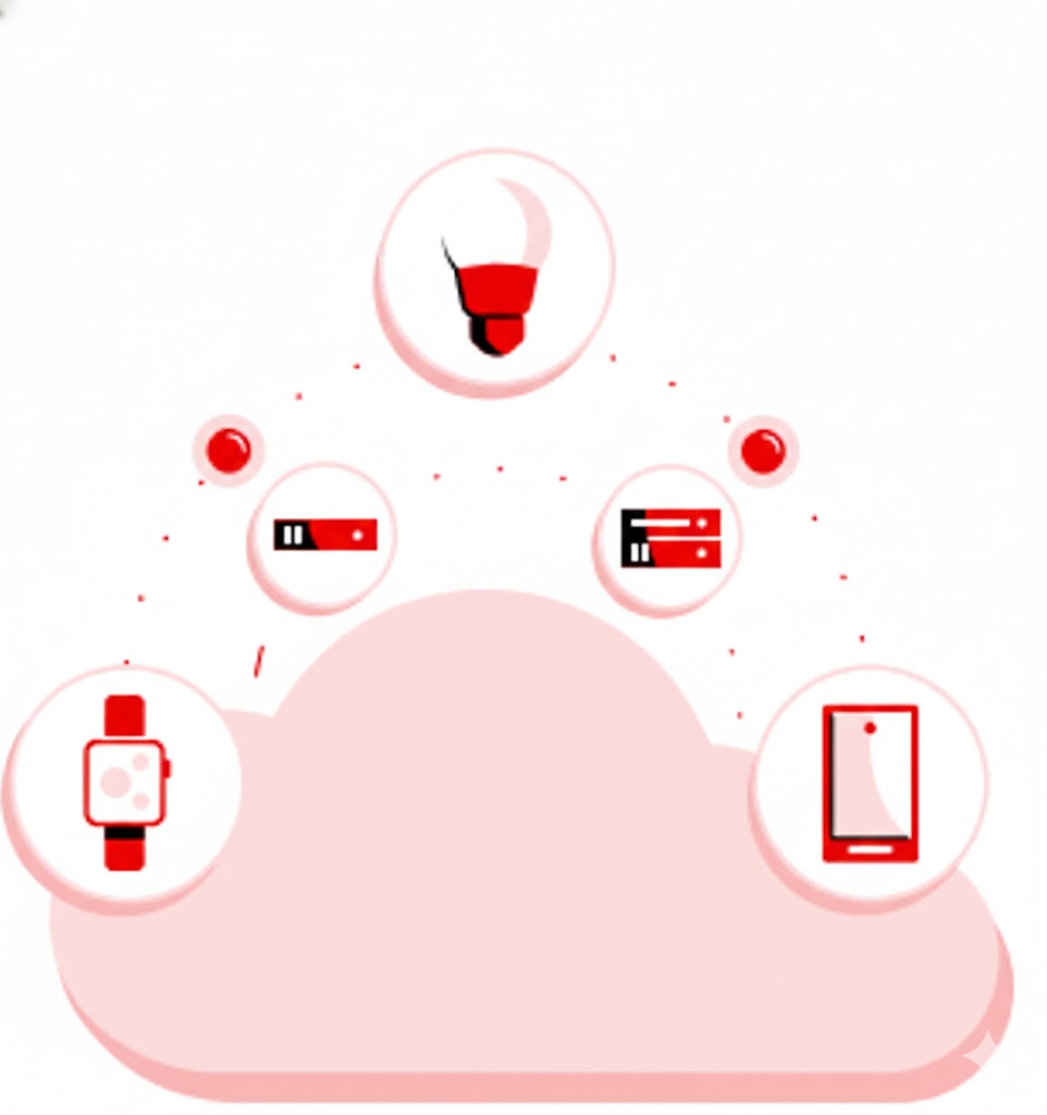 various connected IoT devices—a lightbulb, a server, a smartwatch, and a smartphone—linked to a central cloud