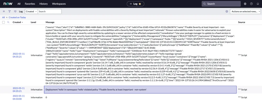 Figure 9: Red Hat Advanced Cluster Security alert data in ServiceNow log