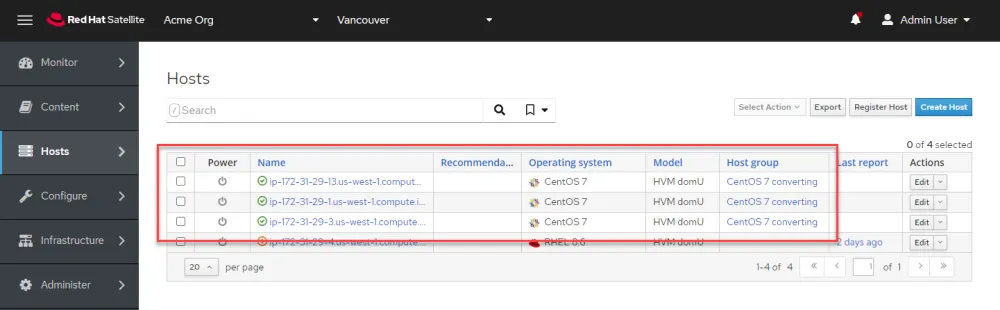 In the Hosts menu, you see all your CentOS hosts registered to Satellite.