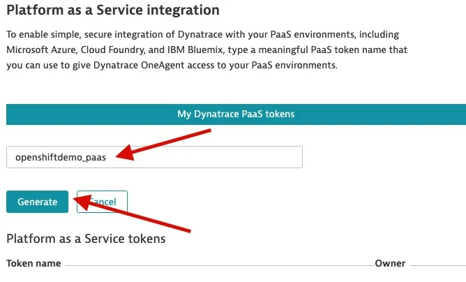 Dynatrace name PaaS token then click create token