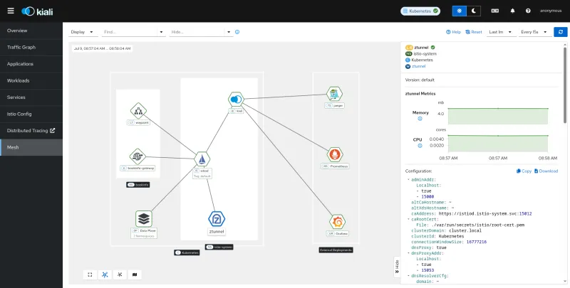 Kiali mesh page showing ambient mode, gateways, and Ztunnel metrics