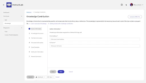 Showing the GUI for knowledge contributions in RHEL AI 1.4