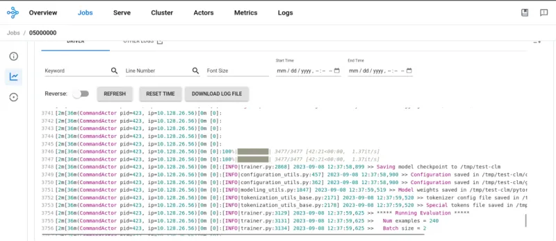 Figure 4. Logs from Ray Dashboard show completion of the fine-tuning process of the model.