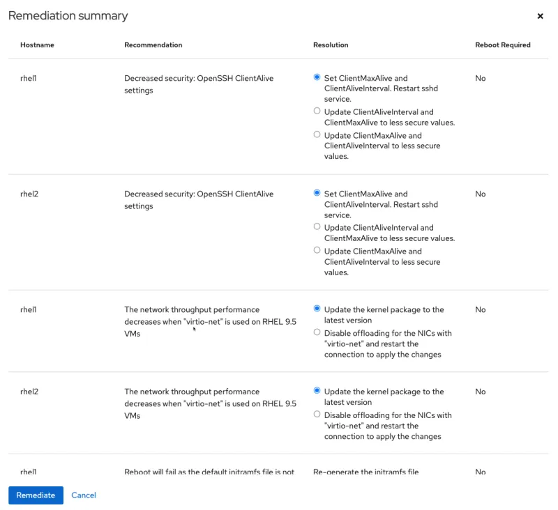 This image depicts the remediation summaries for selected hosts in the Red Hat Satellite WebUI