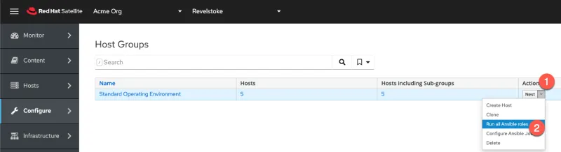 Red Hat Satellite screenshot showing Run all Ansible roles selected in the Action menu