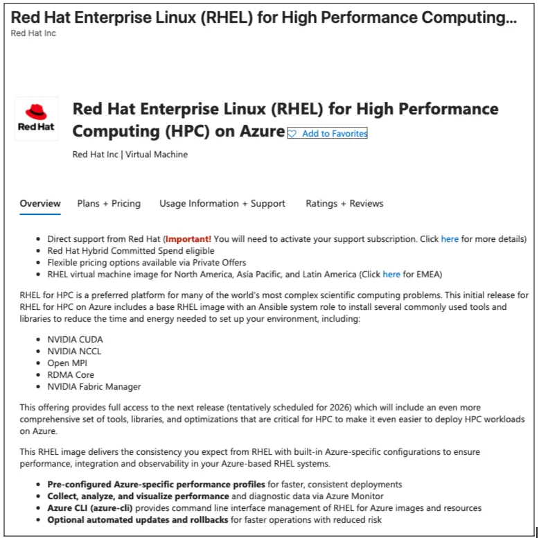 Azure RHEL HPC offering in the market place 