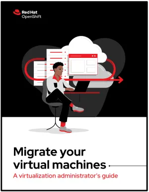 Front cover of Migrate your virtual machines ebook picturing man working on laptop