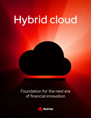 front cover of Hybrid cloud: Foundation for the next era of financial innovation ebook featuring a black cloud over a background of red and orange color hue rays