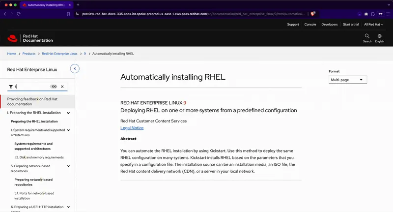 Screenshot of a content page of docs.redhat.com where the table of contents navigation highlights all instances of the search term.
