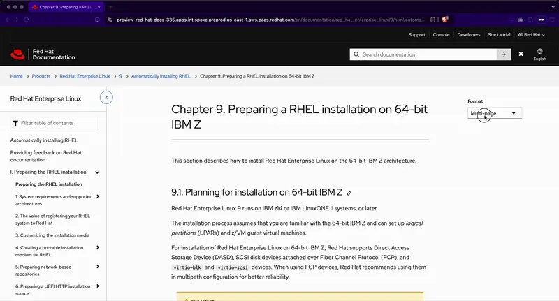 Screenshot of a content page of docs.redhat.com where the page format options are displayed  in an opened panel.