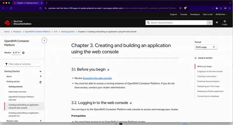 Screenshot of a content page of docs.redhat.com that highlights the extra tier of links available  in the table of contents. The jump links show all the headings on the page. 