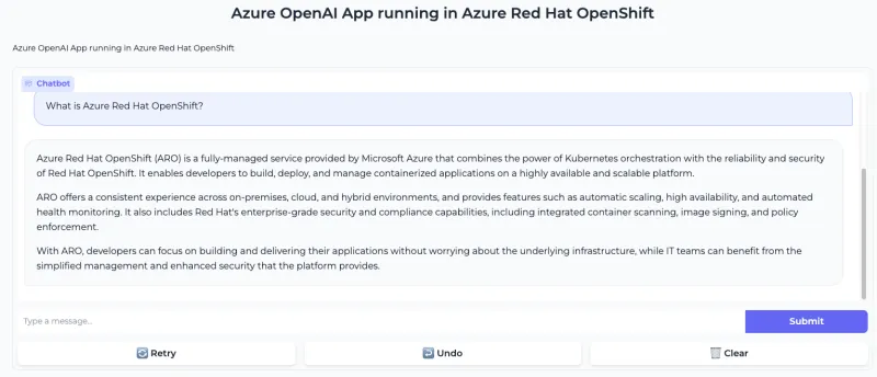 Azure OpenAI app running in Azure Red Hat OpenShift