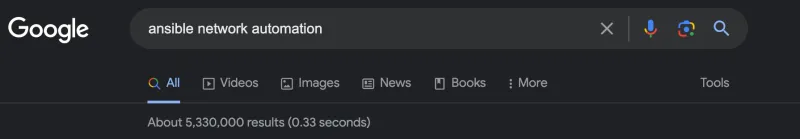 Screenshot of a Google search for "ansible network automation" showing over 5.3 million results
