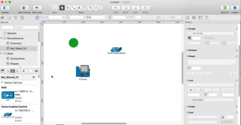 Omnigraffle diagrams editor interface including icons and menu