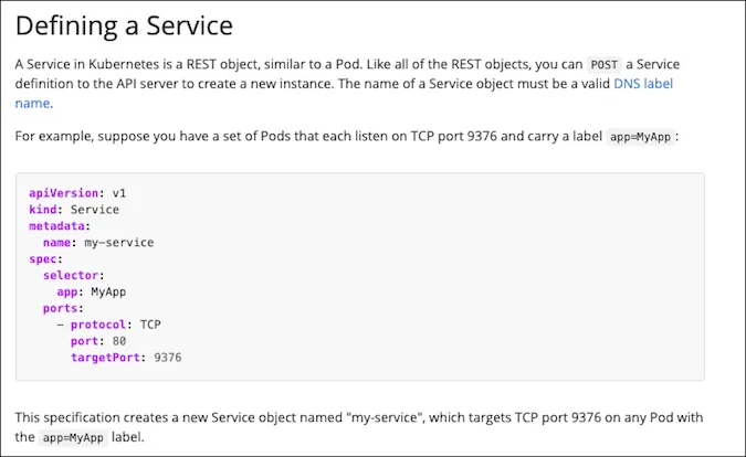 Kubernetes documentation including a clear example of code