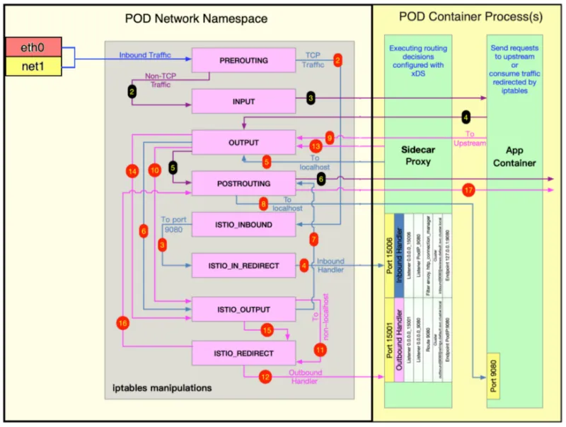 Detailed packet logical flow diagram with Multus & Istio Sidecar