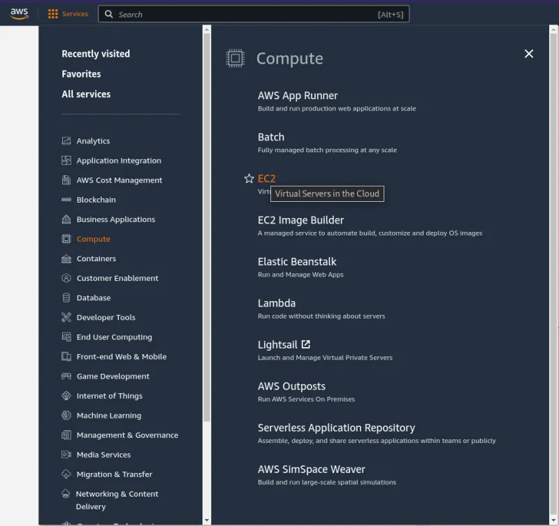 AWS Console: Choose EC2 from the services menu