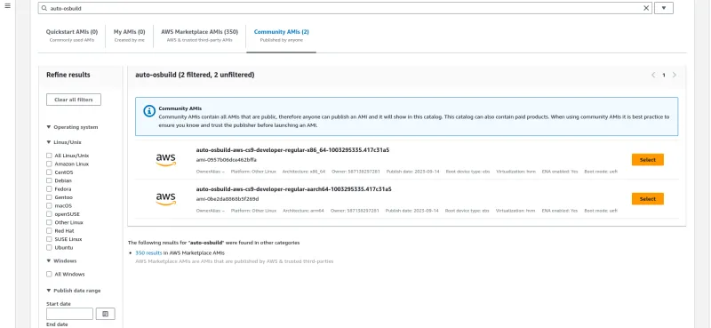 AWS Console: search for “auto-osbuild” images in the AMI catalog