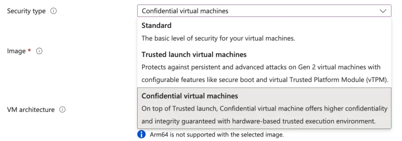Screenshot showing user selecting confidential virtual machines from a security type dropdown menu