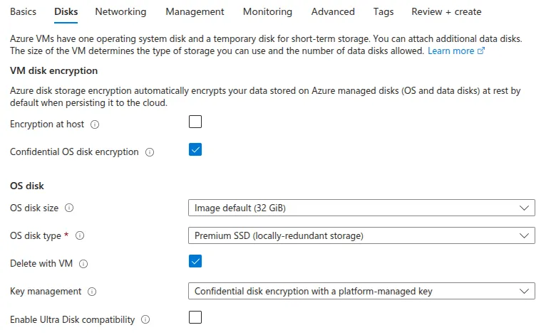 Screenshot showing how Confidential OS disk encryption can be enabled on your RHEL for Azure CVM hosts from the Azure portal