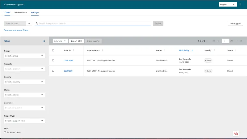 Red Hat Customer Portal support ticket list screenshot