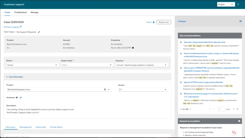 Red Hat Customer Portal support ticket details screenshot