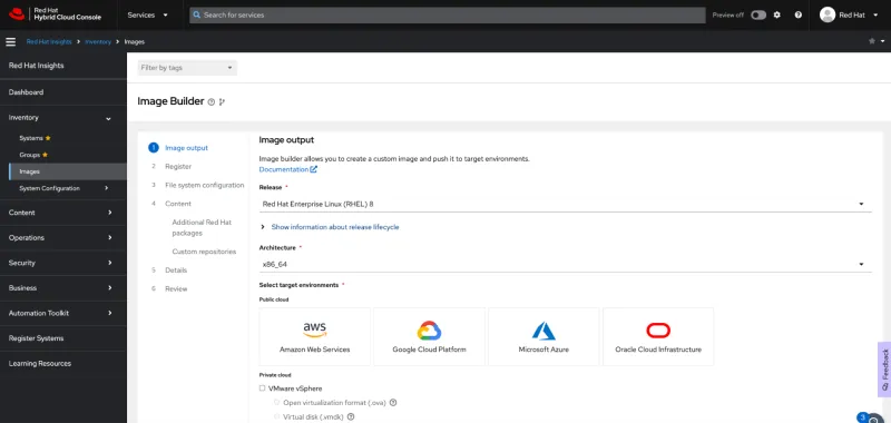 Image creation - target environment selection