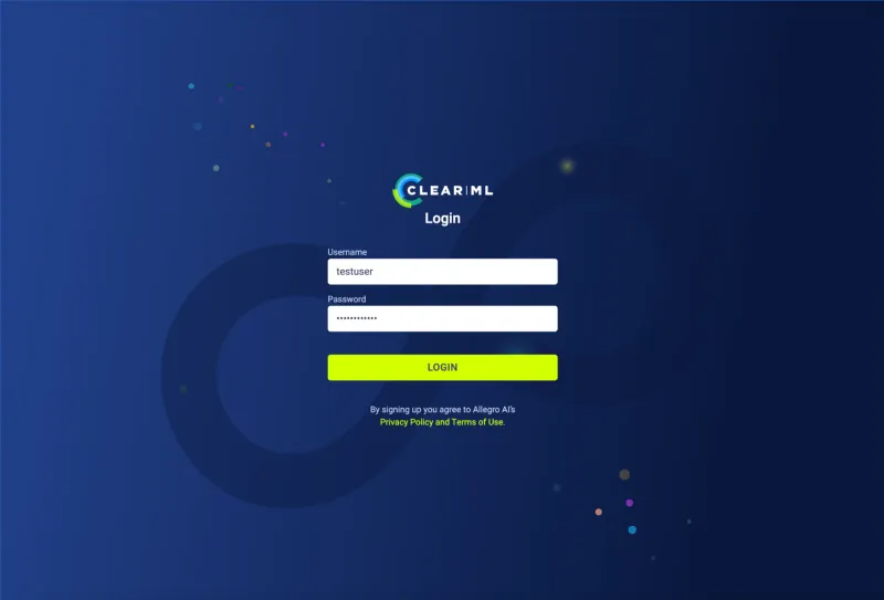 Screenshot of the ClearML login screen
