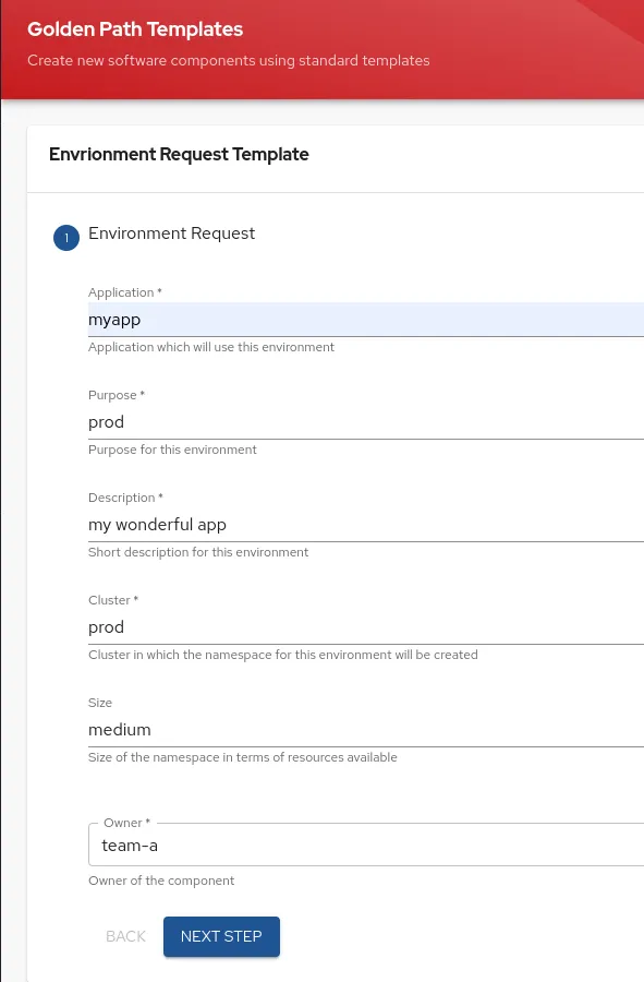 Screenshot of an Environment Request Template