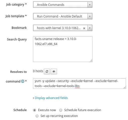 Satellite dialog showing Ansible commands