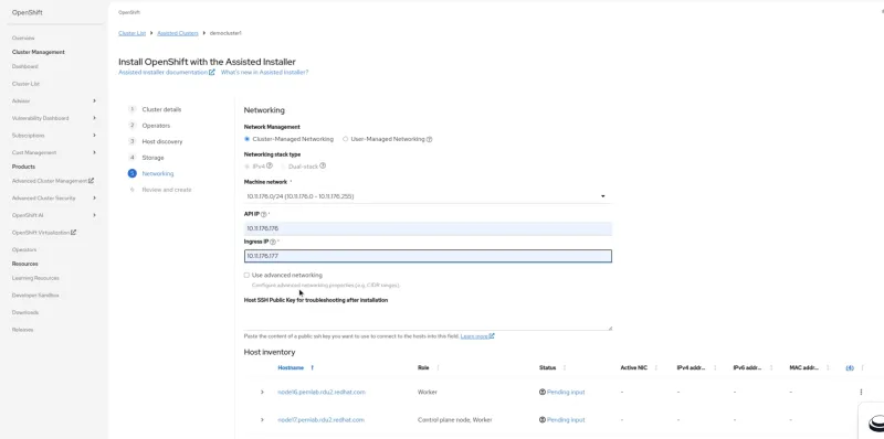 A screenshot of the OpenShift web console showing the "Networking" configuration step for the Assisted Installer. The user is configuring network settings for a cluster named "democluster1". The image shows options for Network Management (Cluster-Managed or User-Managed), Networking stack type (IPv4, Dual-stack), Machine network, API IP, and Ingress IP. Below these settings is the Host Inventory section, which lists the discovered hosts and their roles and statuses, currently "Pending input."