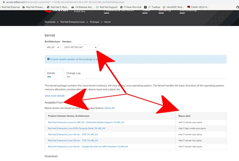 Figure 2: Illustration to show the kernel 3.10.0-957.38.3.el7 if available from products in these repos label