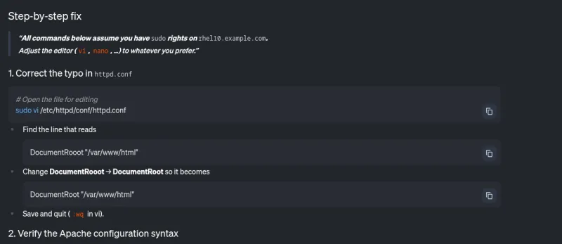 Screenshot showing the LLM response with step-by-step instructions for correcting the issue