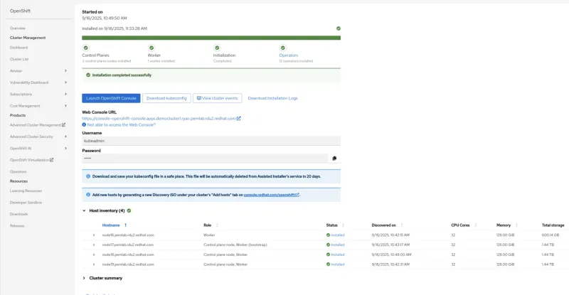 A screenshot of the OpenShift web console showing a successfully completed OpenShift installation. The page displays a green checkmark next to "Installation completed successfully." Below, it provides information on how to access the cluster: a button to "Launch OpenShift Console," a Web Console URL, and the Username and Password for the kubeadmin user. The Host Inventory section is expanded, showing four hosts with their roles (Worker, Control plane node) and their installation status as "Installed."