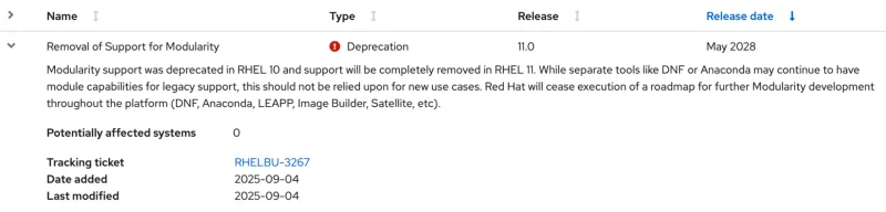 Alt text: A notification that the modularity system is scheduled for removal.