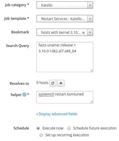 Katello job dialog in Satellite