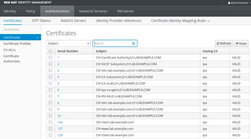 IdM GUI with two managed domains by the IdM CA