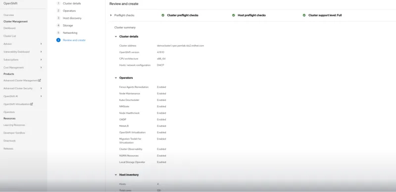A screenshot of the OpenShift web console at the "Review and create" step of the Assisted Installer. The screen displays a Cluster summary with details about the cluster, including its name (democluster1), OpenShift version (4.10.10), CPU architecture (x86_64), and network configuration (DHCP). Below this, a section for Operators lists several operators that are enabled, such as Fence Agents Remediation, Cluster Observability, and Local Storage Operator. The Host Inventory is also summarized, showing four h