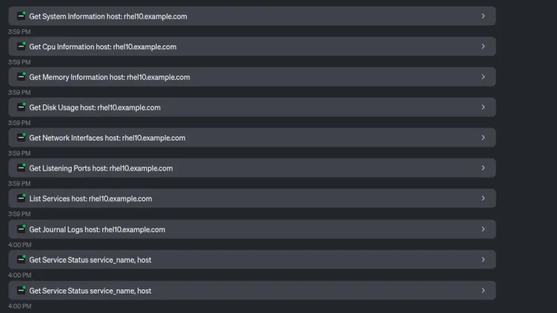 Screenshot showing MCP server tool calls made by the LLM to collect system information