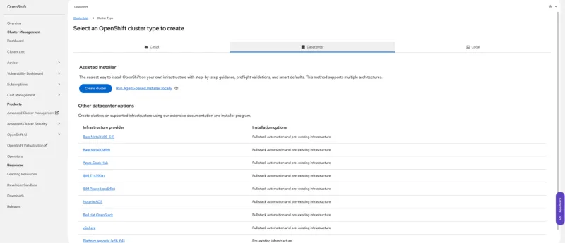 A screenshot of the OpenShift web console's "Select an OpenShift cluster type to create" page. The user has selected the Datacenter option. The page highlights the Assisted Installer as the easiest way to install, with a "Create cluster" button. Below this, there are other Installation options for different infrastructure providers like Bare Metal, Azure Stack Hub, and vSphere, each with an installation option listed as "Full stack automation" or "Pre-existing infrastructure."