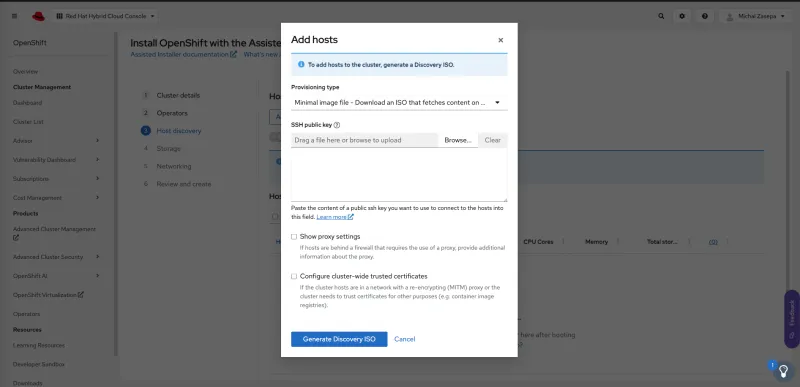 A screenshot of a pop-up window titled "Add hosts" within the OpenShift web console. The user is prompted to generate a Discovery ISO to add hosts to the cluster. The options include choosing the Provisioning type ("Minimal image file" is selected), adding an SSH public key by browsing or dragging and dropping a file, and checkboxes for configuring proxy settings and trusted certificates. A button to Generate Discovery ISO is at the bottom of the pop-up.