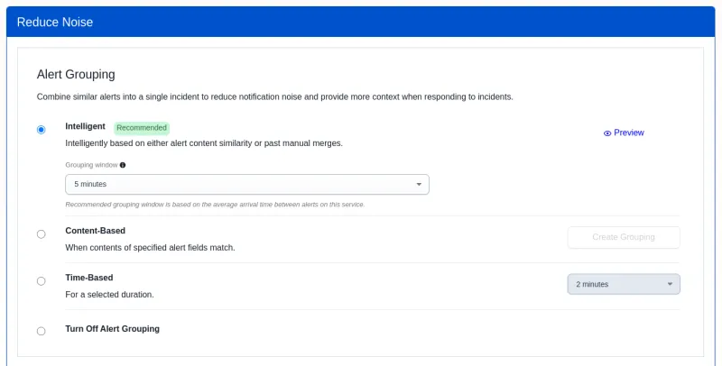 Screenshot PagerDuty intelligent alert grouping option