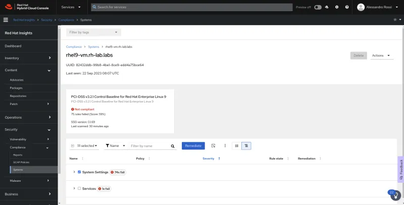 Screenshot of Red Hat Insights Security > Systems tab