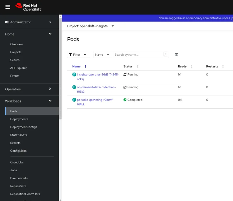 Screenshot of the Podss window in Red Hat OpenShift