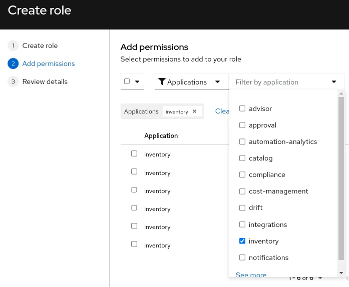 Insights screenshot to filter permissions for role